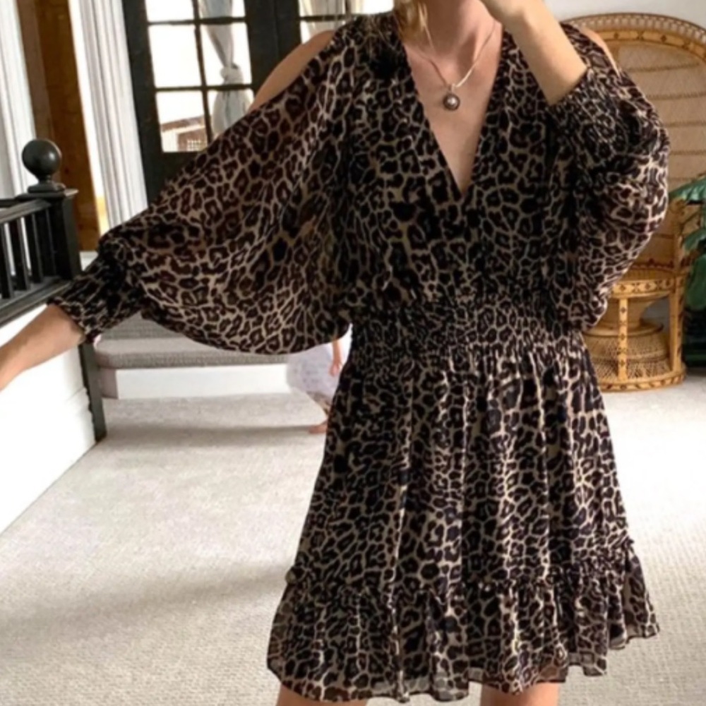 Animal Print Smocked Cold-Shoulder Dress